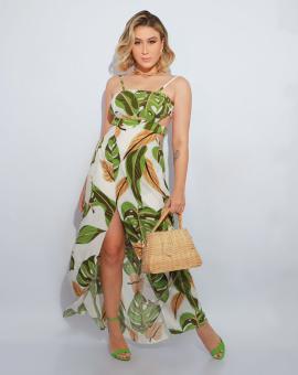 Vestido Longo Estampado de Alcinha com Fenda