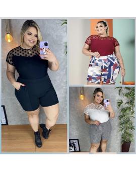 Conjunto Plus Size Short e Blusa de Manguinha com Tule
