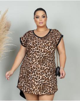 Vestido Curto Plus Size de Manguinha Estampa Animal Print
