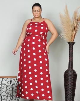 Vestido Longo Poá Plus Size de Alcinha com Cinto