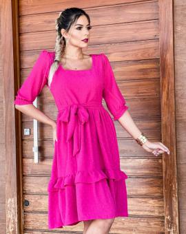 Vestido Midi Manga Bufante Tecido Pipoca com Cinto