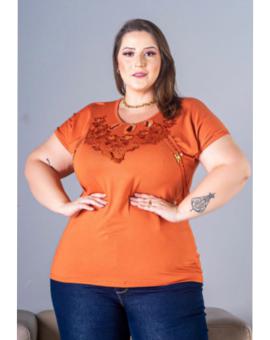 Blusa Feminina Plus Size Manga Curta Bordada