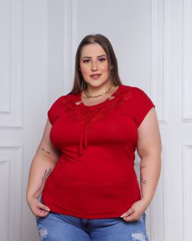 Blusa Plus Size Feminina Manga Curta com Guipir