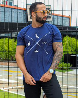 Camiseta Masculina Manga Curta Azul com Estampa