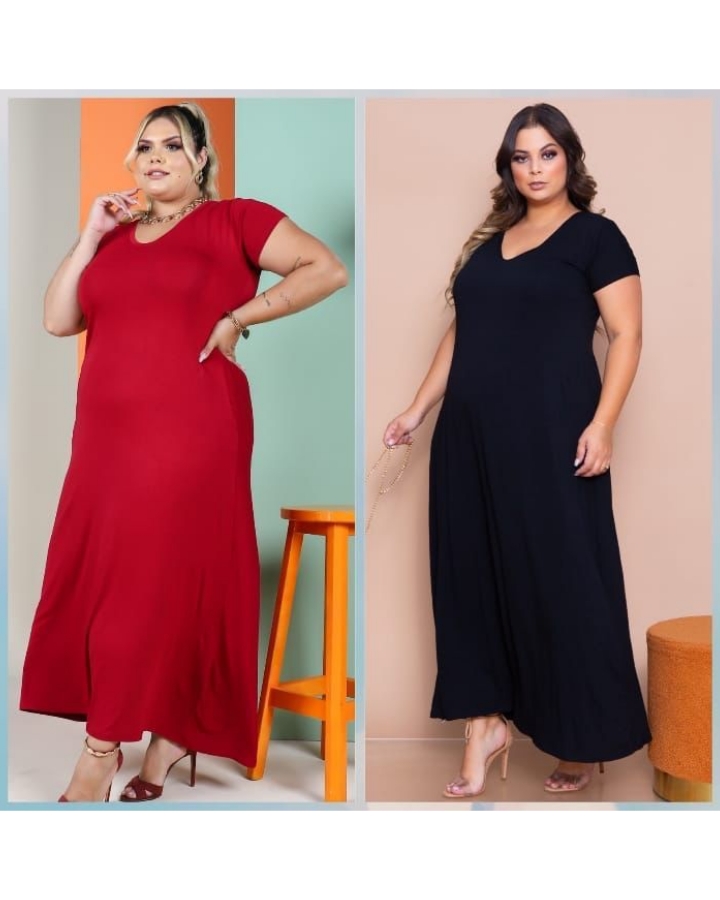 Vestido Longo Plus Size Manga Curta na Viscolycra - Atacado 44.