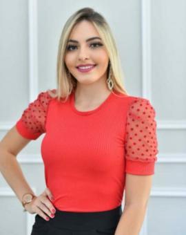 Blusa Feminina Canelada Manga Bufante no Tule