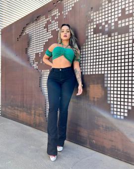 Calça Flare Feminina Jeans Preta Cintura Alta