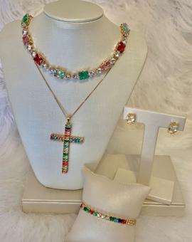 Conjunto Colar Brinco e Pulseira Cravejado Colorido