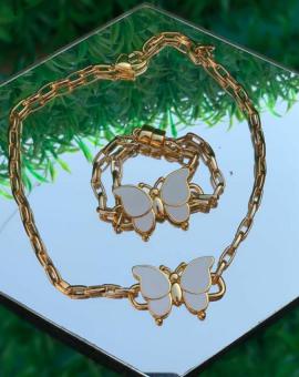 Conjunto Colar e Pulseira Corrente com Pingente Borboleta