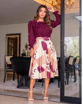 Conjunto Feminino Saia Midi e Blusa Manga Longa Bufante