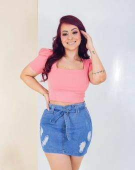 Cropped Feminino Canelado Manga Bufante Decote Quadrado