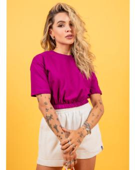 Cropped Manga Curta Fucsia Básico Liso com Elástico
