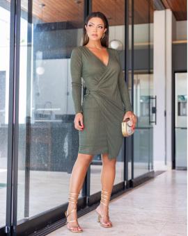 Vestido Tubinho Manga Longa Transpassado com Decote