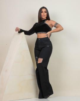 Calça Wide Leg Jeans Preta com Destroyed