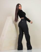 Calça Wide Leg Jeans Preta com Destroyed Atacado na Rua 44 em Goiânia