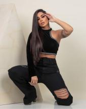 Calça Wide Leg Jeans Preta com Destroyed Atacado na Rua 44 em Goiânia