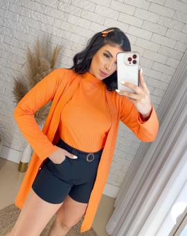 Cardigan Feminino Longo Canelado com Blusa Gola Alta