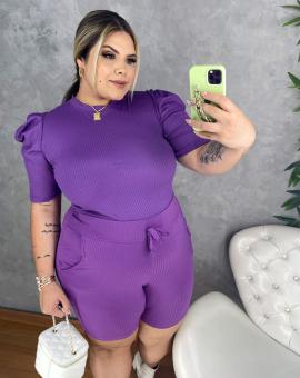 Conjunto Plus Size Canelado Blusa Manga Bufante e Short com Bolso