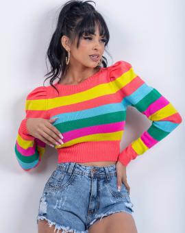 Cropped Tricot Inverno Manga Longa Colorido