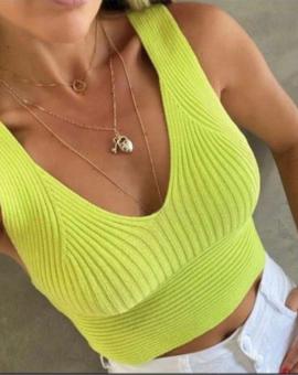 Cropped Tricot Regata Colorido com Decote
