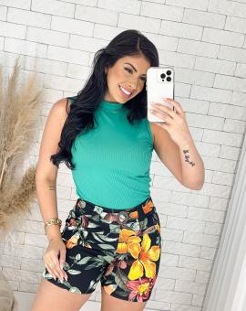 Short Feminino Cintura Alta Crepe de Malha Estampado