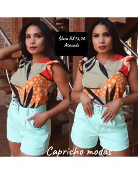 Blusinha Feminina Gola V com Babado Estampada