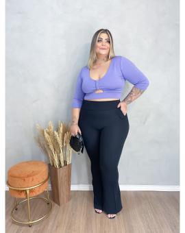 Calça Flare Plus Size Tecido Grosso Preta Cintura Alta