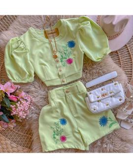 Conjunto Alfaiataria Feminino Short e Cropped Manga Bufante