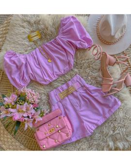 Conjunto Cropped Ciganinha Short Cintura Alta