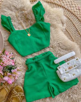 Conjunto Cropped e Short Cintura Alta Detalhe Trançado