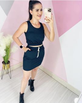 Conjunto Feminino Saia e Cropped Canelado Preto Básico
