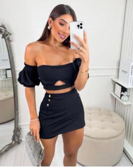 Conjunto Feminino Saia e Cropped Preto Balada