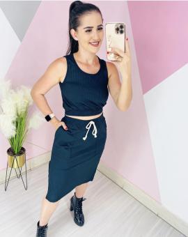 Conjunto Feminino Saia Midi e Cropped Canelado