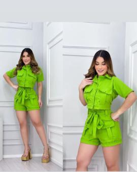 Conjunto Feminino Short e Cropped Camisa Verde Limão