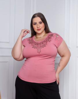 Blusa Feminina Plus Size de Manguinha na Viscolycra com Aplicação