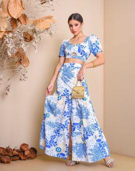 Conjunto Saia Longa e Cropped Branco Estampado