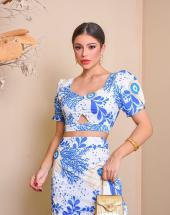 Conjunto Saia Longa e Cropped Branco Estampado Atacado na Rua 44 em Goiânia