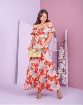 Vestido Longo Casual Estampado Ciganinha com Botões na Frente