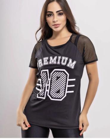 Camiseta Feminina Para Academia Soltinha Detalhe Arrastão Preta - 44.