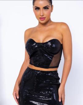 Conjunto de Saia Curta e Cropped Preto com Brilho