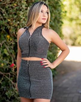 Conjunto Saia e Cropped com Zíper na Frente no Lurex