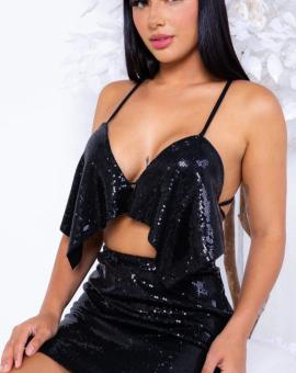 Conjunto Saia e Cropped Festa Curto Preto