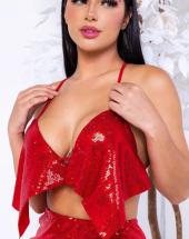 Conjunto Saia e Cropped Paetê Vermelho Atacado na Rua 44 em Goiânia