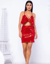 Conjunto Saia e Cropped Paetê Vermelho Atacado na Rua 44 em Goiânia