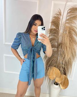 Cropped de Amarrar na Frente Manga Bufante no Lurex