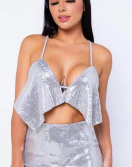 Cropped Decotado Paetê Prata