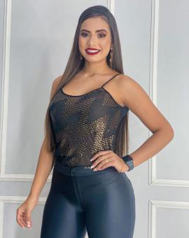 Regata Feminina Preta Tule Bordado com Paetê