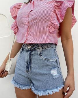 Short Jeans Feminino 100% Algodão Barra Desfiada Cintura Alta