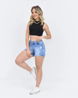 Short Jeans Feminino Cintura Alta Claro com Destroyed