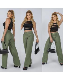 Calça Jeans Wide Leg Verde Militar